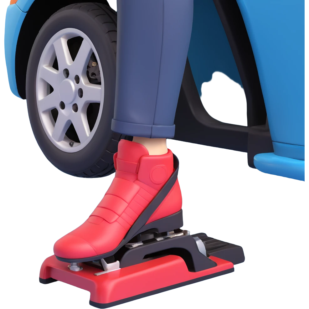A clean 3D emoji-style illustration of a single right foot pressing down on gas pedal. Only the foot and the pedal are shown, viewed from the side. The pedal is slightly tilted to show pressure. No background, simple colors, minimal details emoji