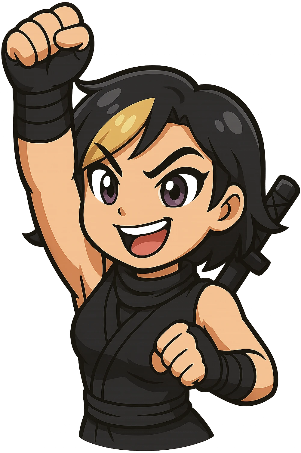 Edit this exact chibi ninja girl to punch the air with her arm throwing a punch upward in a dynamic motion. Keep the same anime chibi style, face, outfit, and colors. Transparent background, sized for Twitch emoji use. emoji