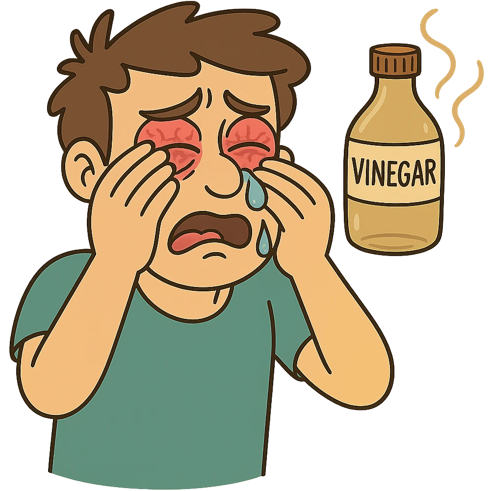 A cartoon style illustration showing a vinegar bottle above a person, with a visible drop of vinegar falling into their red, watery eyes. The eyes are expressive and the image has no background. The style is cartoonish and vivid, emphasizing the vinegar bottle and the eyes with the falling drop. emoji