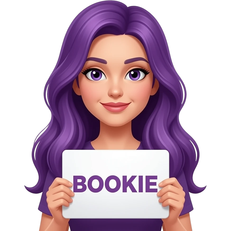 sexy girl with long purple hair holding a BOOKIE sign emoji