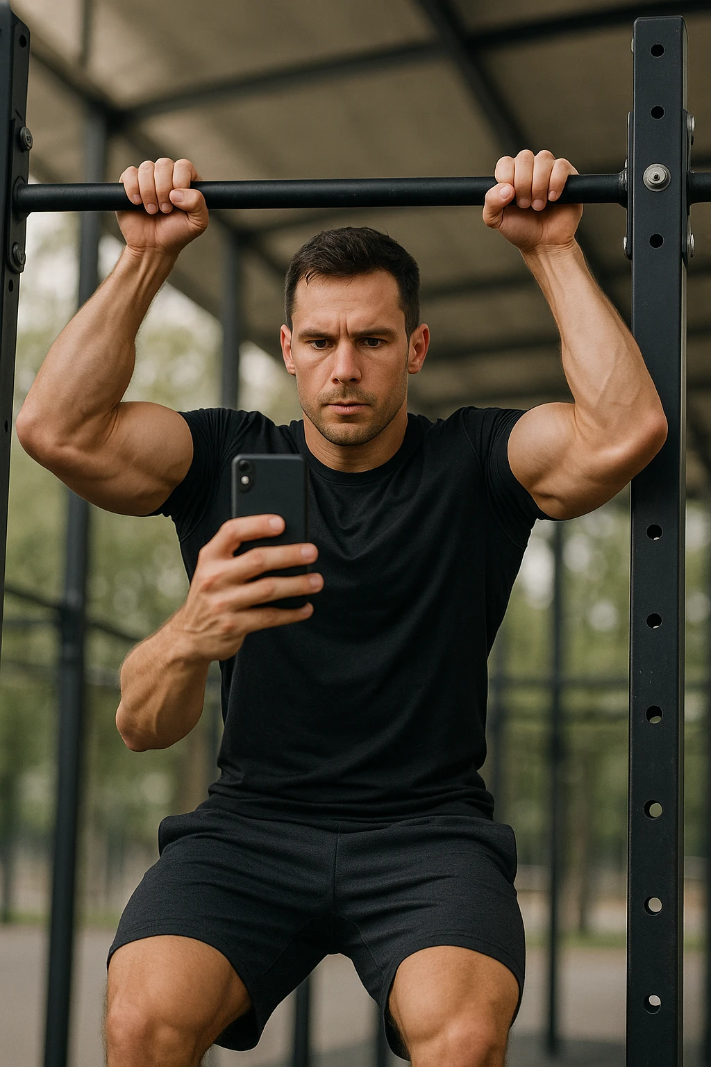 uomo che fa Muscle up e si sta filmando davanti con il telefonino per vedere la sua posizione dei gomiti e delle mani sulla sbarra emoji