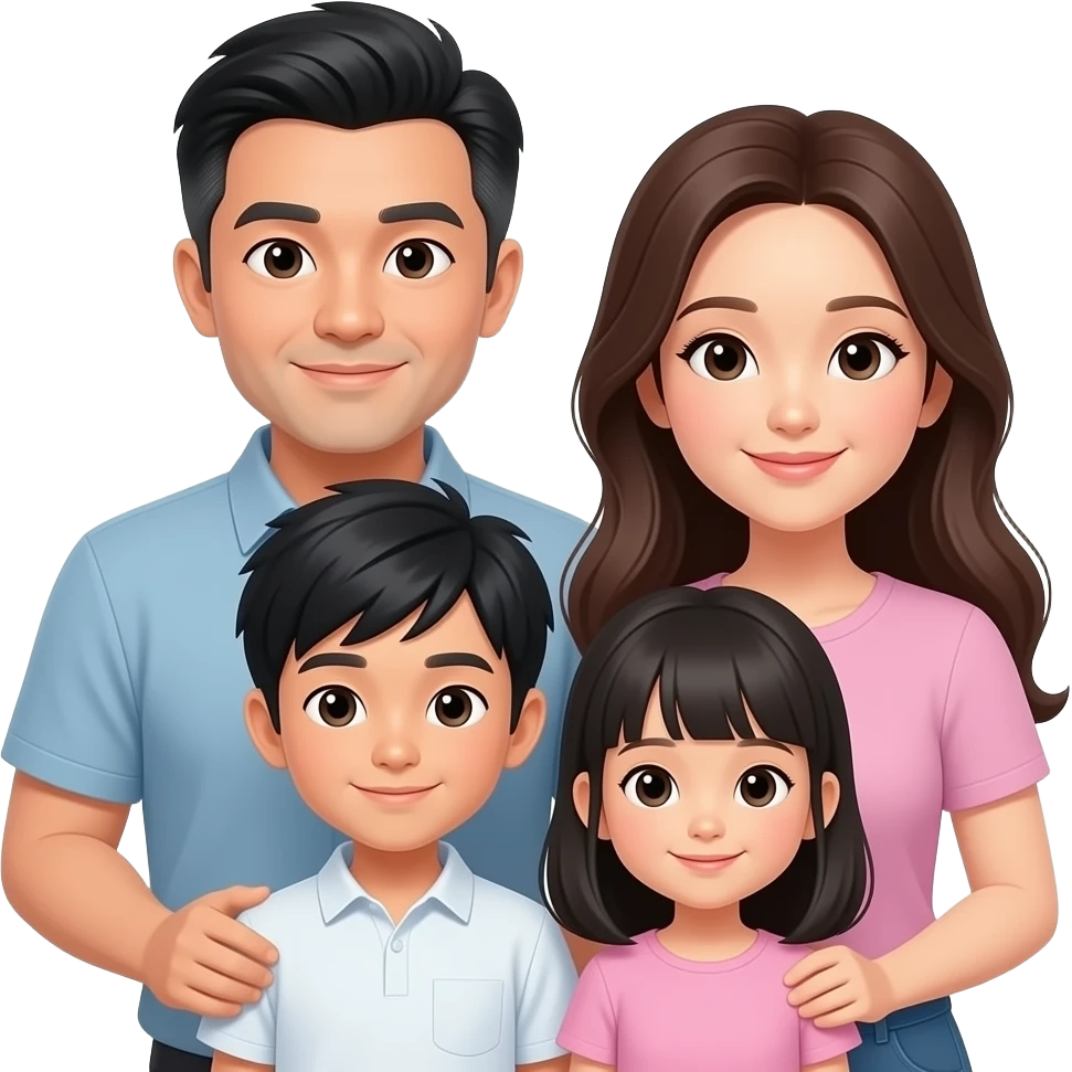 Asian Family of 4 (Dad w/ black & white hair, Mom w/ long hair, Son, Daughter) emoji