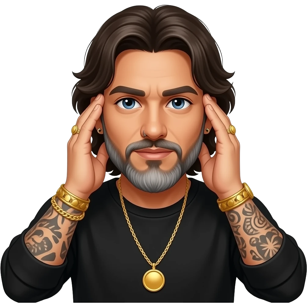 The handsome Latino podcast host wearing black with gold jewelry, with medium length hair, a long lightly graying beard and tattoos, his ear pierced and right nostril as well, covering his ears with both hand emoji