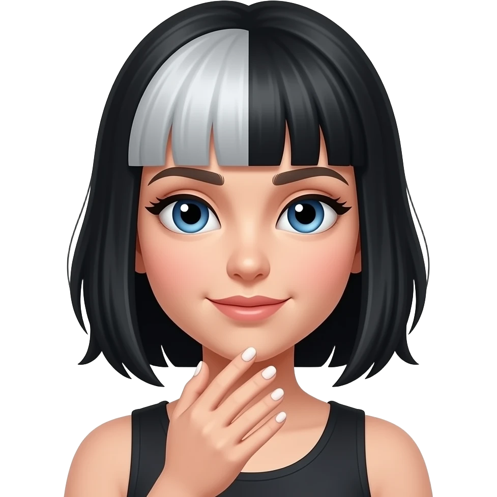 Girl with black hair, a platinium under and blue eyes looking at her nails emoji