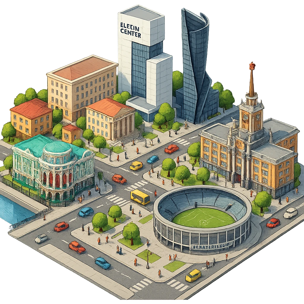 Изометричная миниатюрная фотореалистичная 3D модель Екатеринбурга - Дом Севастьянова, Ельцин-центр, Уральский федеральный университет, дома, Екатеринбург Арена, Штаб-квартира Русской медной компании, Здание Свердловского городского совета народных депутатов, четкие линии, яркие цвета, мультяшный реализм, люди, автотранспорт, компактная композиция, вид сверху в изометрии, прозрачный фон emoji