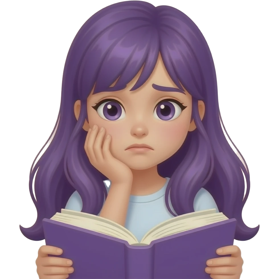 girl with long purple hair with a LOST in a BOOK... please do not ISTURB sign emoji