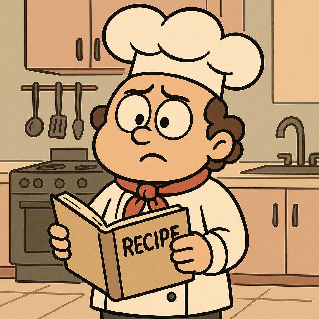 cute character chef with a puzzled expression, holding a recipe book, kitchen background emoji