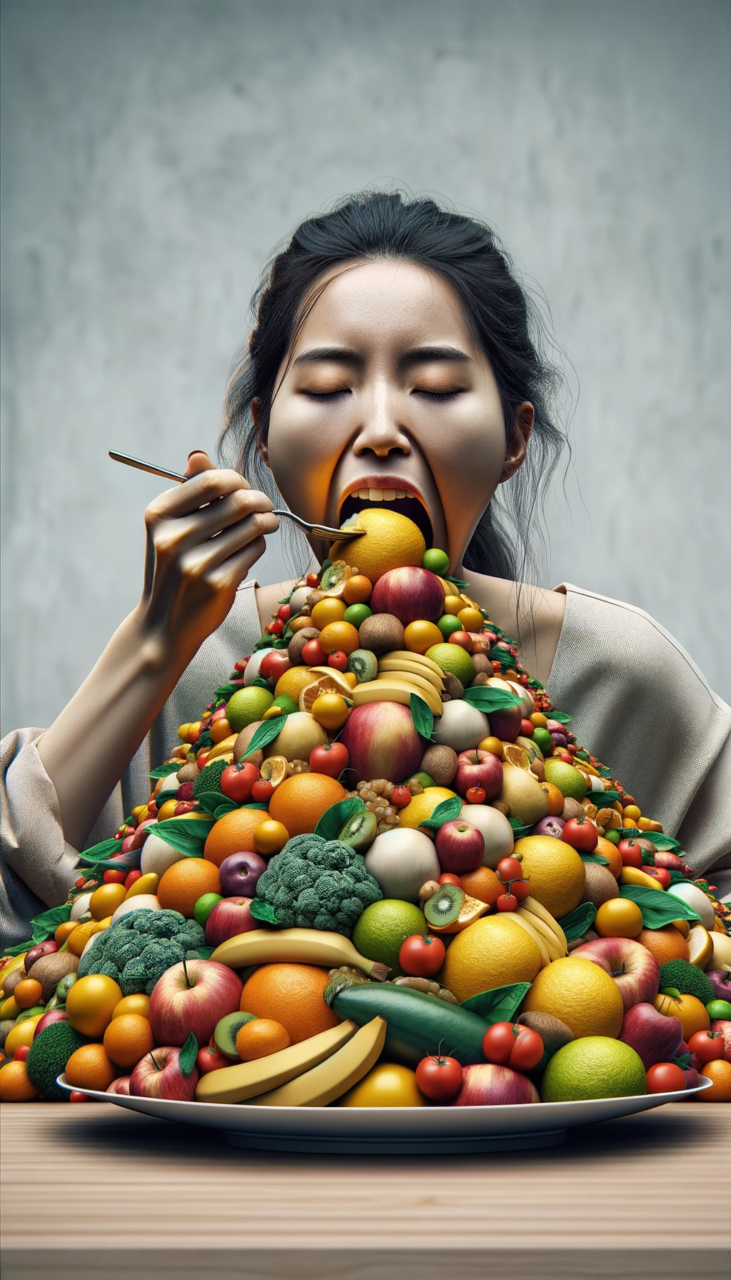 donna che mangia una montagna di frutta e verdura, SFONDO molto CHIARO NEUTRO, colori realistici, iperrealistico 4k emoji