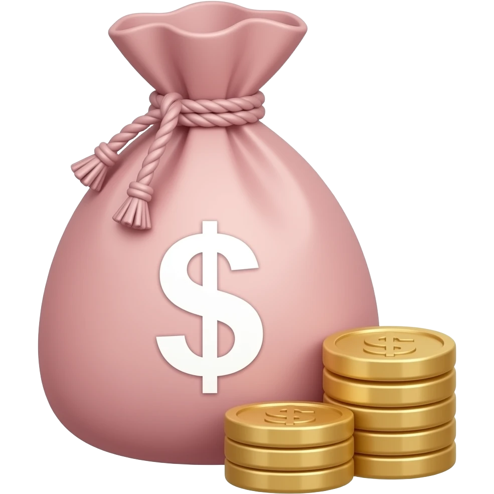 elegant pink money bag with no sign and 3 coins on top of each other beside the bag emoji