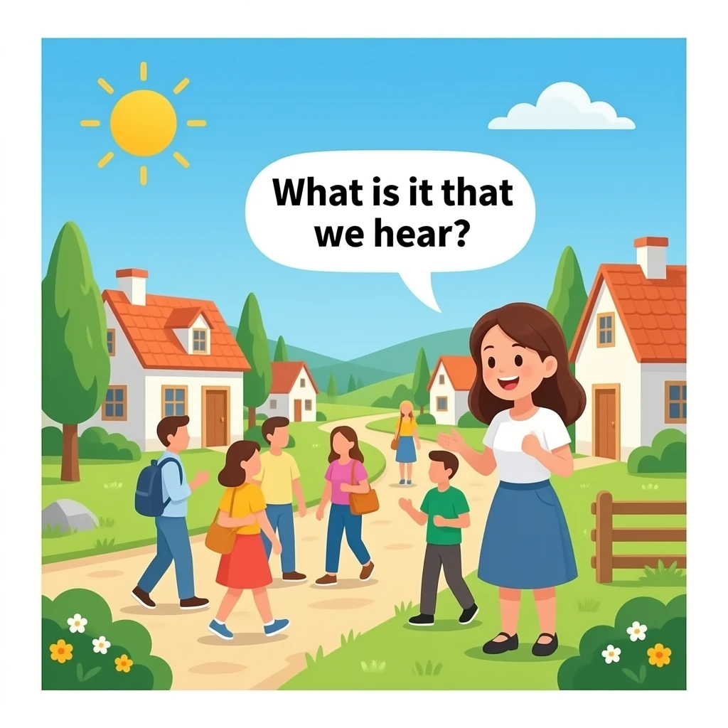 quiero un pueblo que salgan personas hablando entre ellas y una de ellas diga:que es lo que se escucha?todo esto lo quiero en ingles emoji