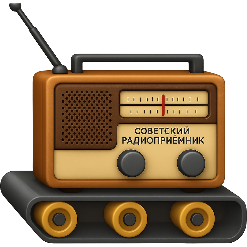 Сгенерируй мне детализированный емодзи, конвеер на котором лежит советский радиоприемник, на пнг фоне без фона. В СТИЛЕ ЕМОДЗИ ЭПЛ! emoji