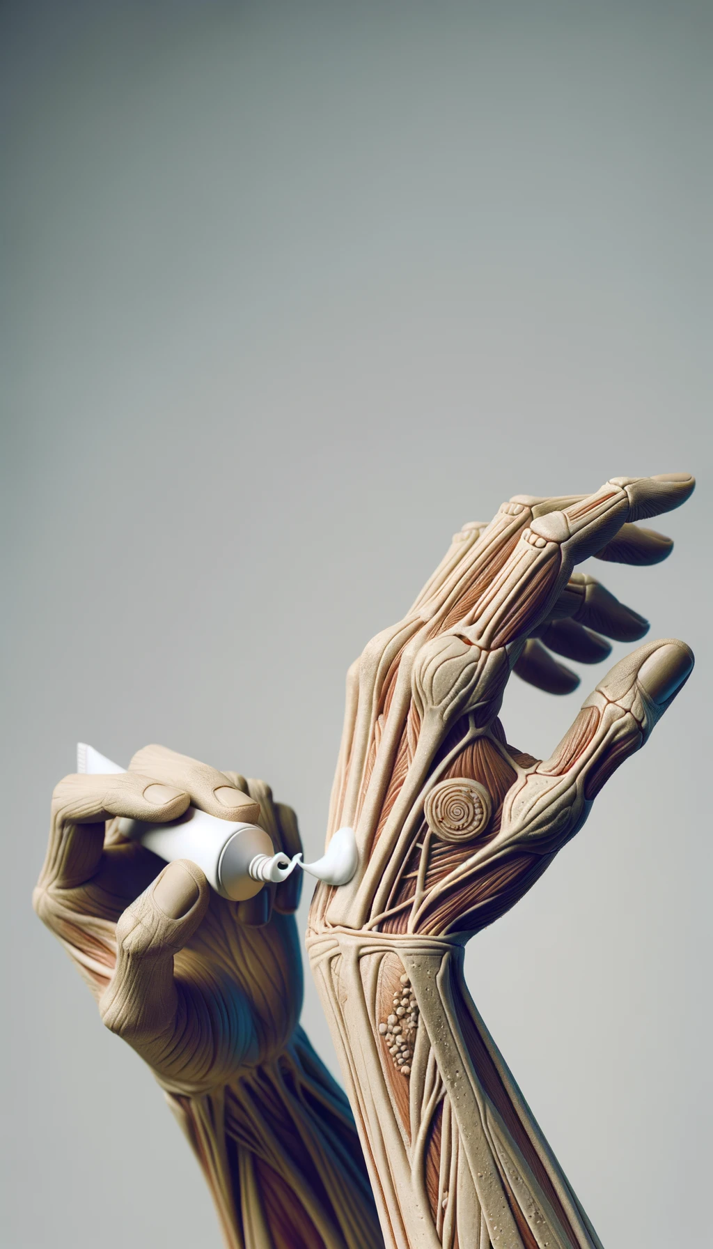 corpo umano anatomico cHE SI SPALMA UNA CREMA SUL BRACCIO, sfondo neutro chiaro emoji