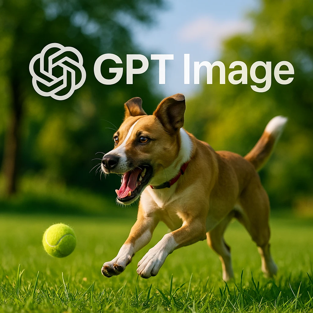  logo of chat gpt with text "GPT Image" on the background of a dog chasing ball, realistic image emoji