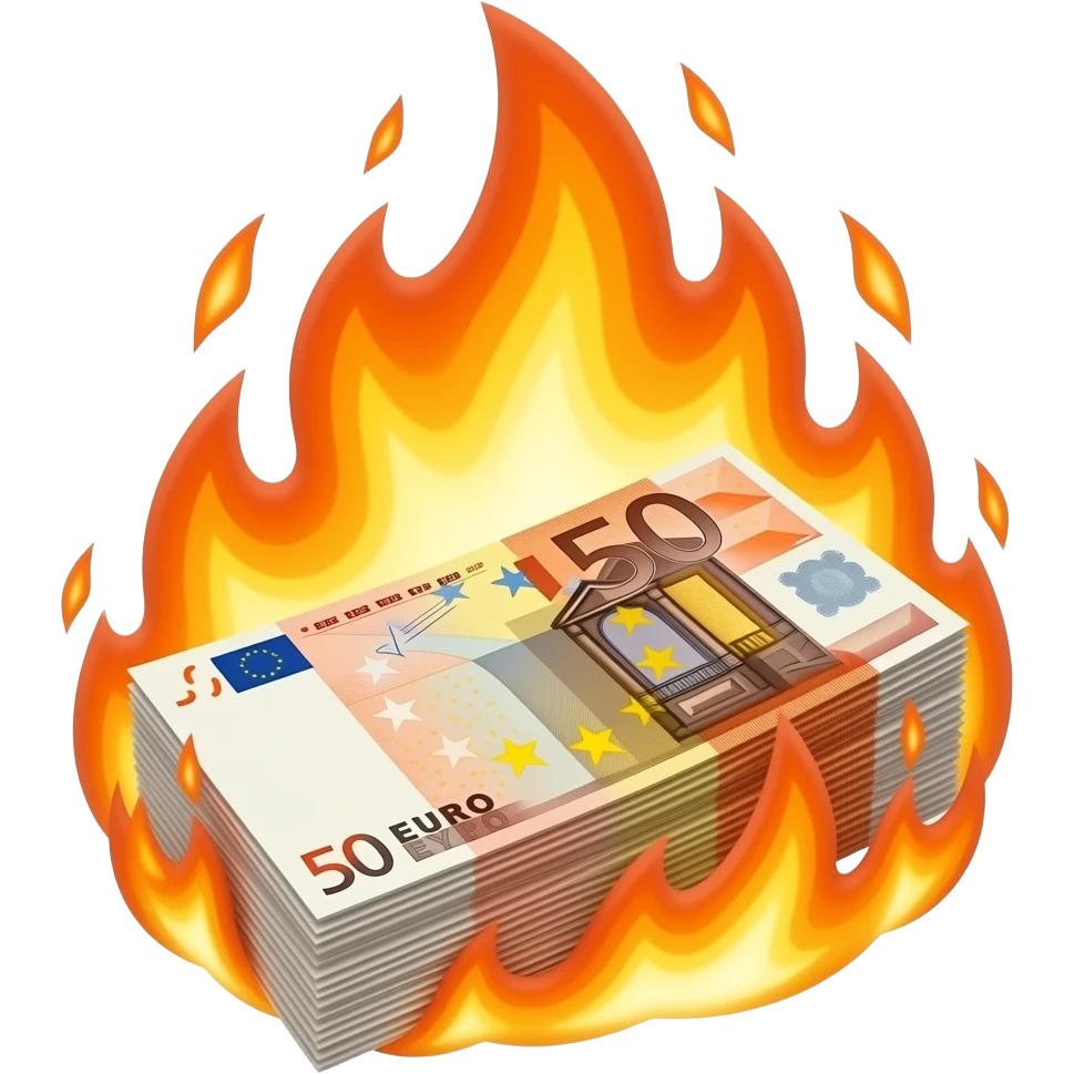 Thick stack 50 euro banknotes burning large stylized flames. Intense orange and golden-yellow flames bright white-hot cores, soft glow, translucent edges, and dynamic curling motion. Cinematic high-contrast fire lighting, ember sparks, glossy reflections. Money stack, Transparent background. emoji