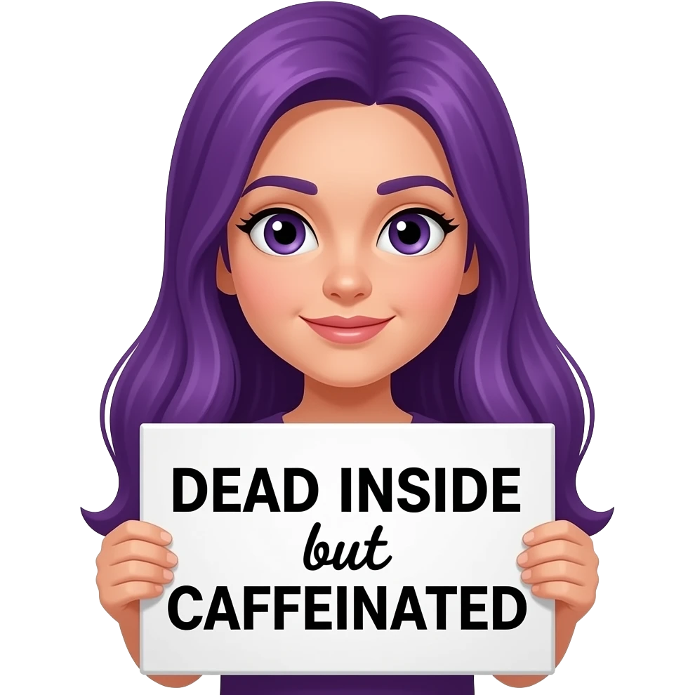 girl with long purple hair holding a DEAD INSIDE but CAFFEINATED sign emoji