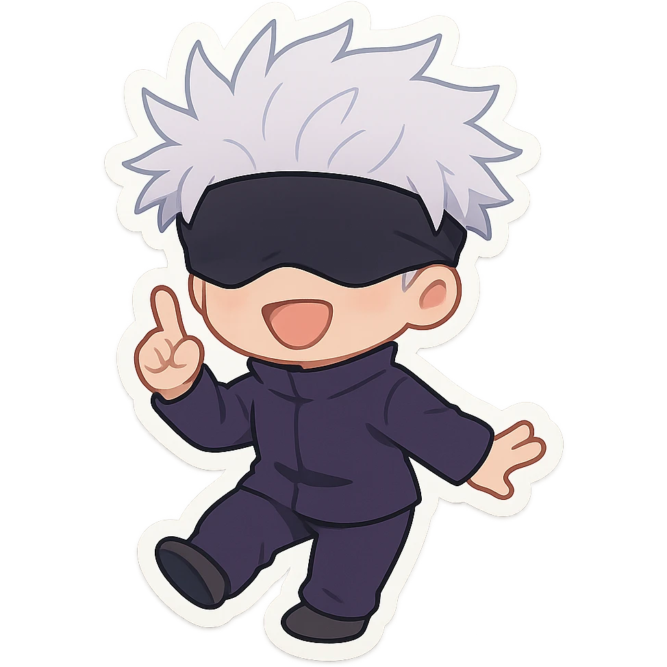 Gojo Satoru from Jujutsu Kaisen, chibi style, white hair, blindfold, playful pose emoji