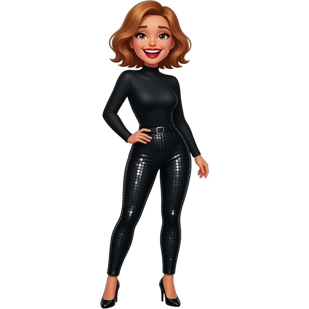 glamours,-tanned,-very-beautiful-woman-with-big-plump-red-lips,-long-long-lashes,-honey-silky-very short- hair,-wavy-hair,-hazel-eyes- wearing-black-Long-sleeved-bodysuit-and-black-sequinned-pants-black-black stilettos-and-laughing-out-loud-with tears-full body emoji