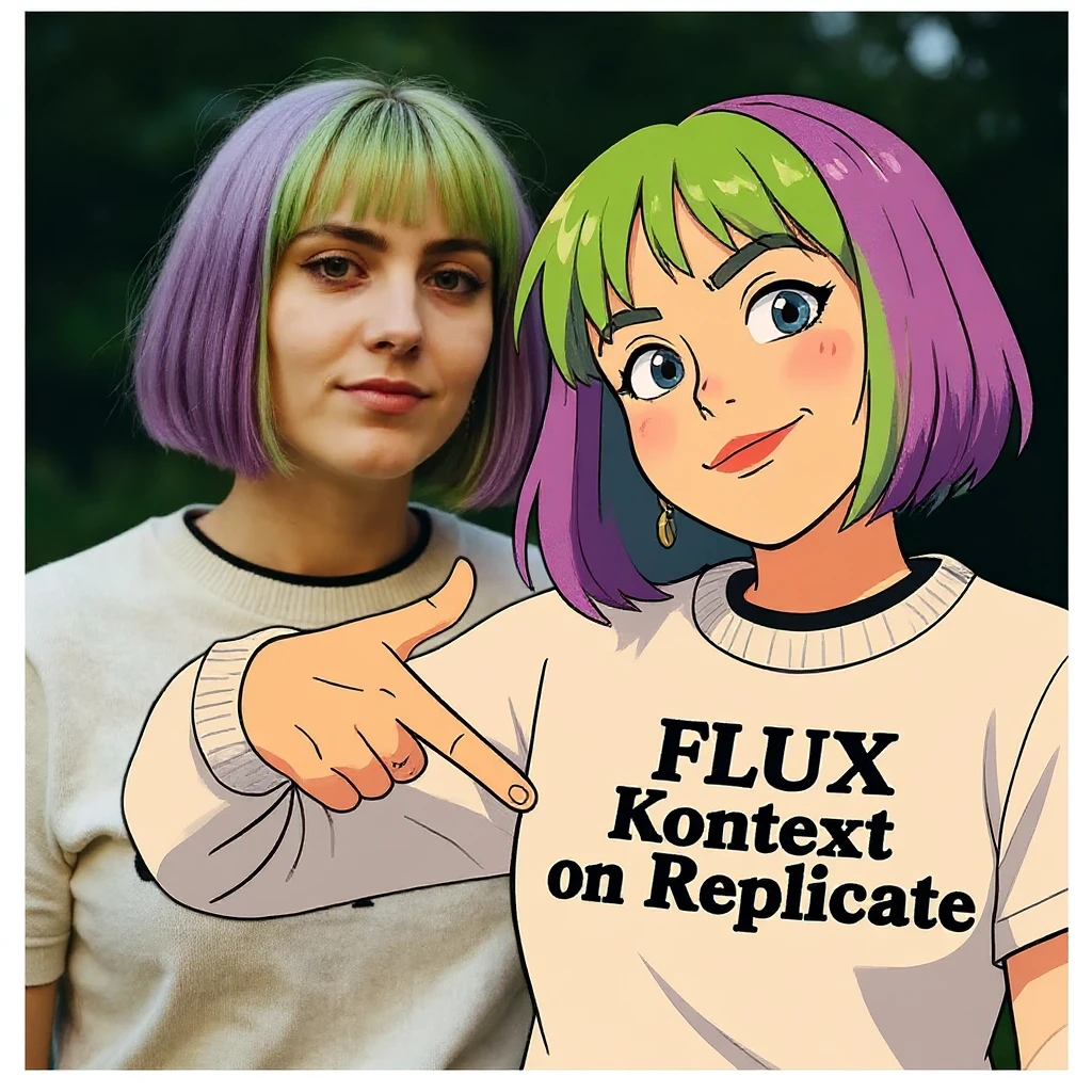 make a image of a girl with a anime version of that girl beside her wearing tshirt with text of "FLUX Kontext", avoid replicate emoji
