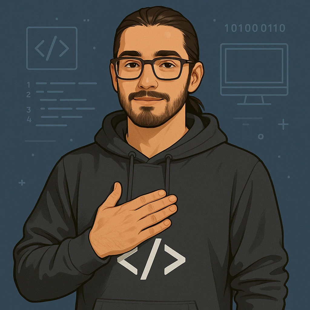 male software developer making 'eyvallah' gesture, right hand on chest, long brown hair tied back, glasses, short beard, light tan skin, wearing a hoodie with </> logo, subtle tech and code elements, clean semi-realistic style emoji