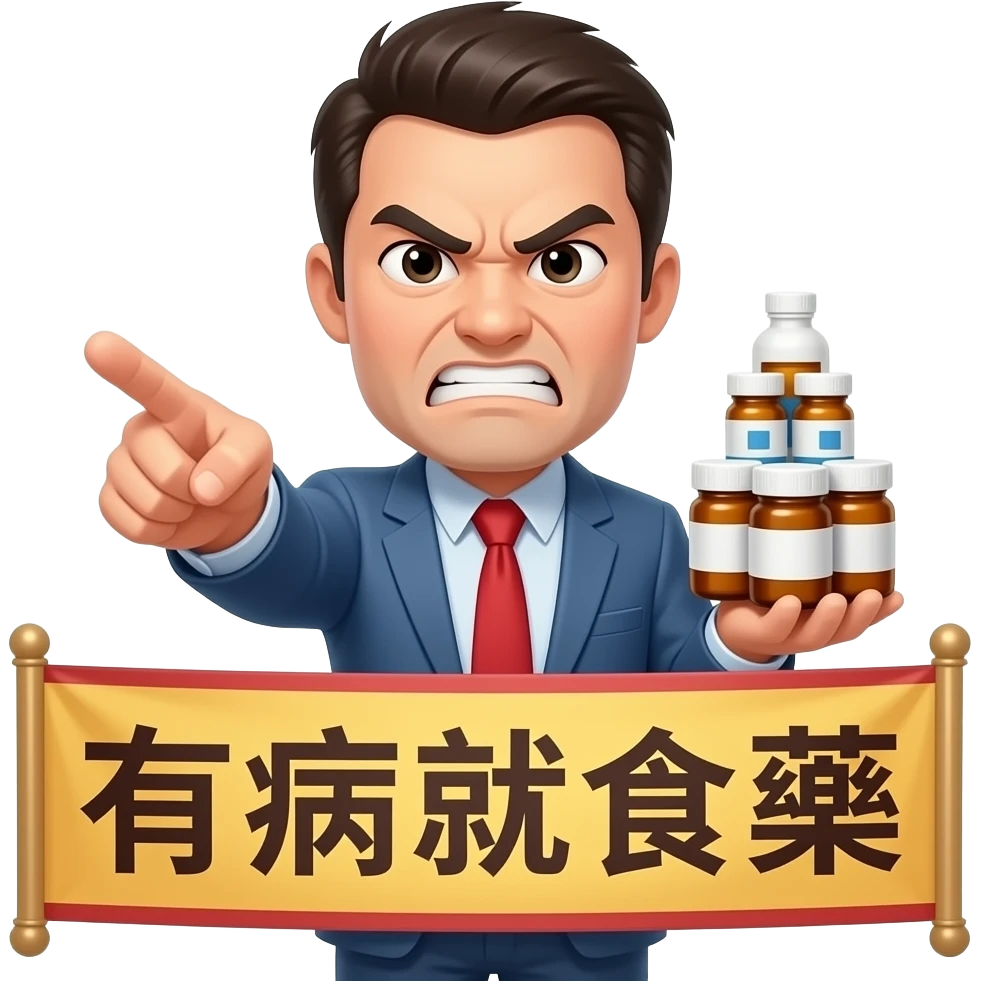 An angry man left hand pointing you,  holding plenty medicine with a chinese banner「有病就食藥」 emoji