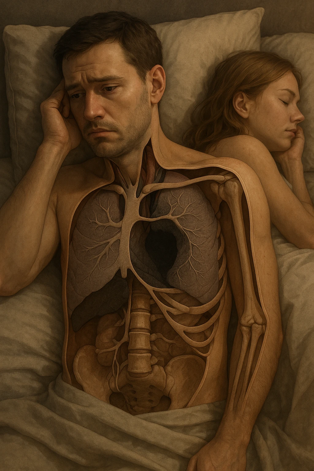 Vertical, hyper-realistic 3D cutaway illustration: uomo con difficoltà con la propria compagna nel letto, faccia depressa emoji