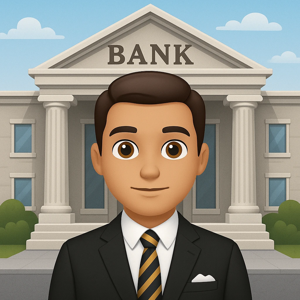 Add a bank building background to the bank manager in a general style, versatile and adaptable to any look. emoji