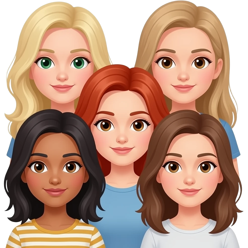 5 amigas-1 rubia ojos verdes-1 rubia ojos cafes-1 peliroja ojos cafes y morena claro-1 pelinegra ojos cafes-1 peli castaña clara ojos cafes claros emoji