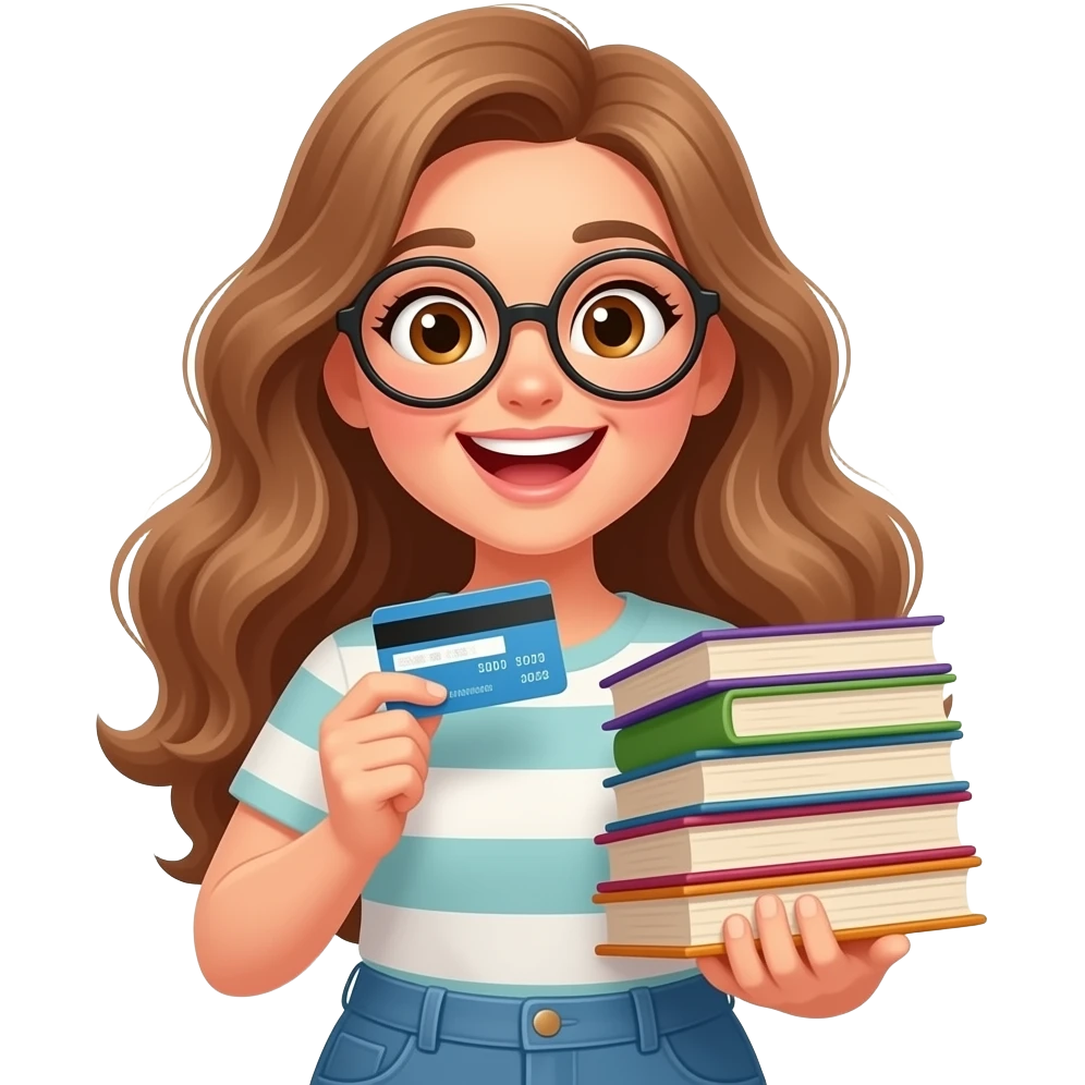 detailed emoji illustration of a curvy woman with long light brown wavy hair, light brown eyes and round glasses holding many books and a credit card, excited book shopping moment, cute emoji style emoji