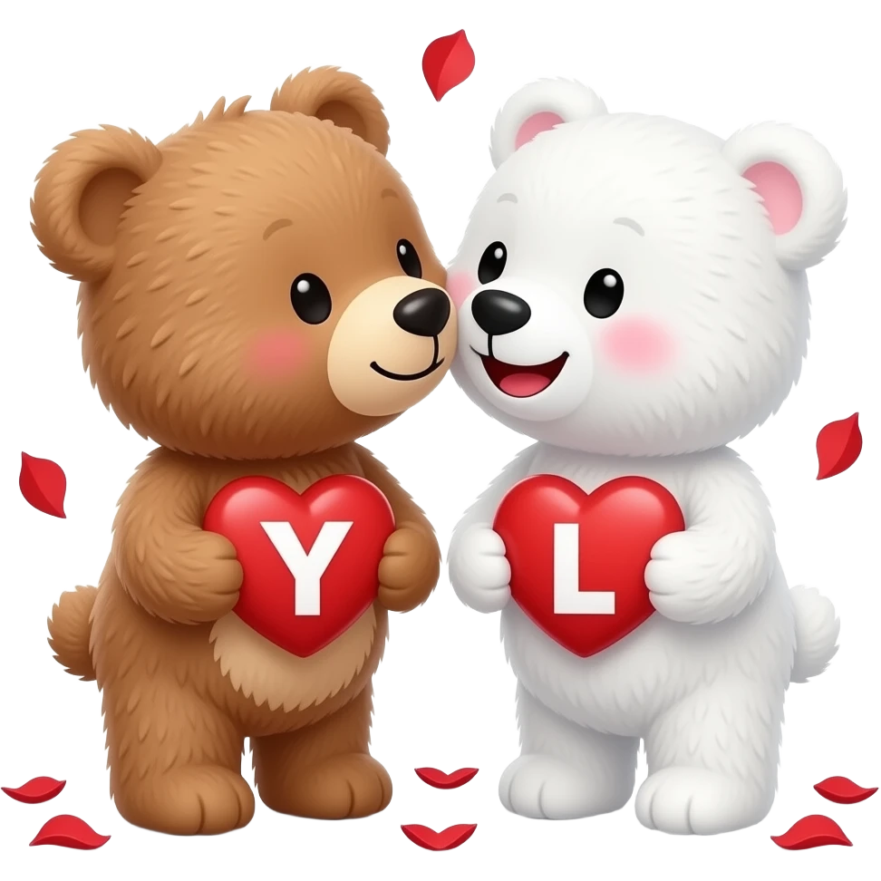 I want one light brown bear teddy kissing on cheek white bear teddy both holding heart , both a little furry, the  white bear blushes and smiles , add letter Y to the heart of the brown bear and letter L to the heart of the white bear , raining red rose petals emoji