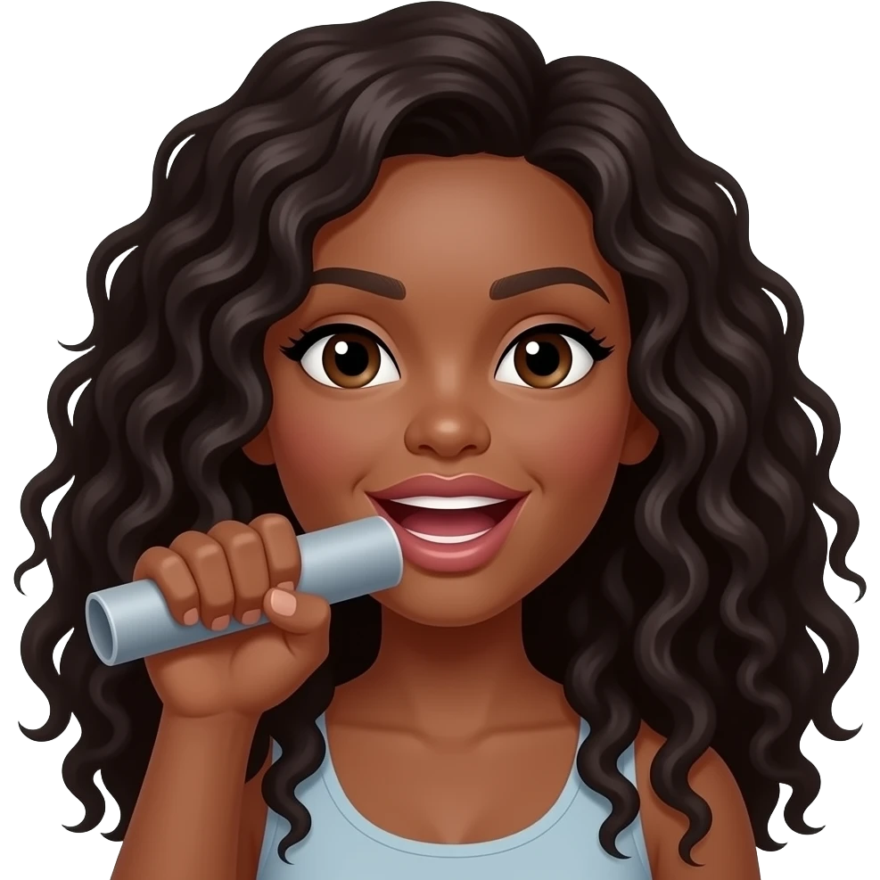 A brown woman with dark long curly hair holding one hand up like it’s gripping a cylinder closed fist with and open mouth and big lips Nothing in hands and hand at mouth height emoji