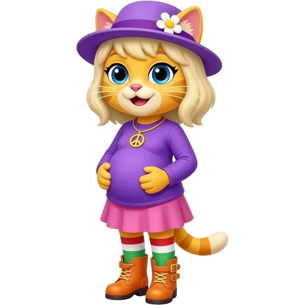 Yellow cat anthro with blonde hair purple hat with white flower peace sign necklace  purple long sleeved shirt pink skirt  long red white green  socks orange boots with yellow buckles pregnant emoji