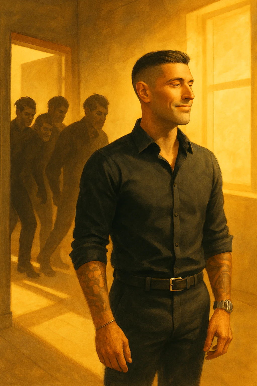 a man stands confidently in a sunlit room, facing away from a group of dark, shadowy figures with harsh or angry expressions who are walking out the door. The man’s posture is upright and relaxed, his face calm and relieved. Warm light fills the space, symbolizing his newfound peace and positivity. emoji
