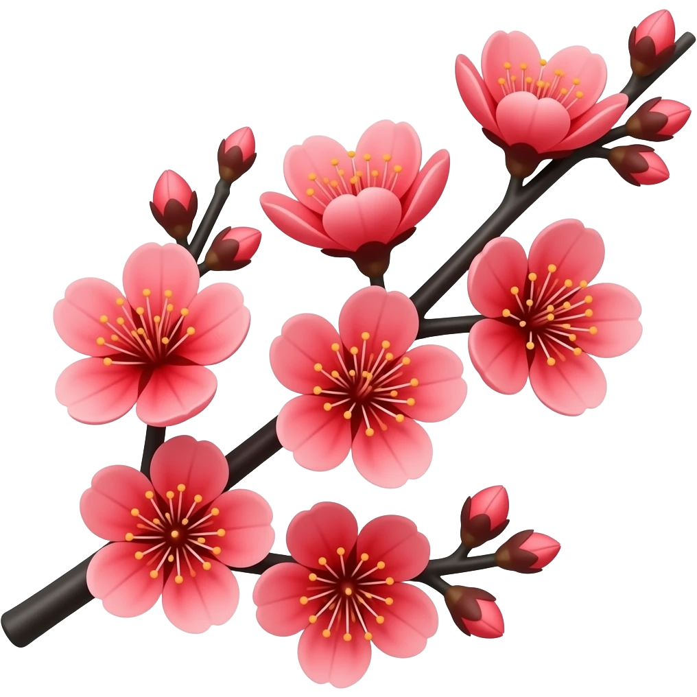 Dark Red color 3D Render iPhone emoji png of red cherry blossom flowers on black branches emoji