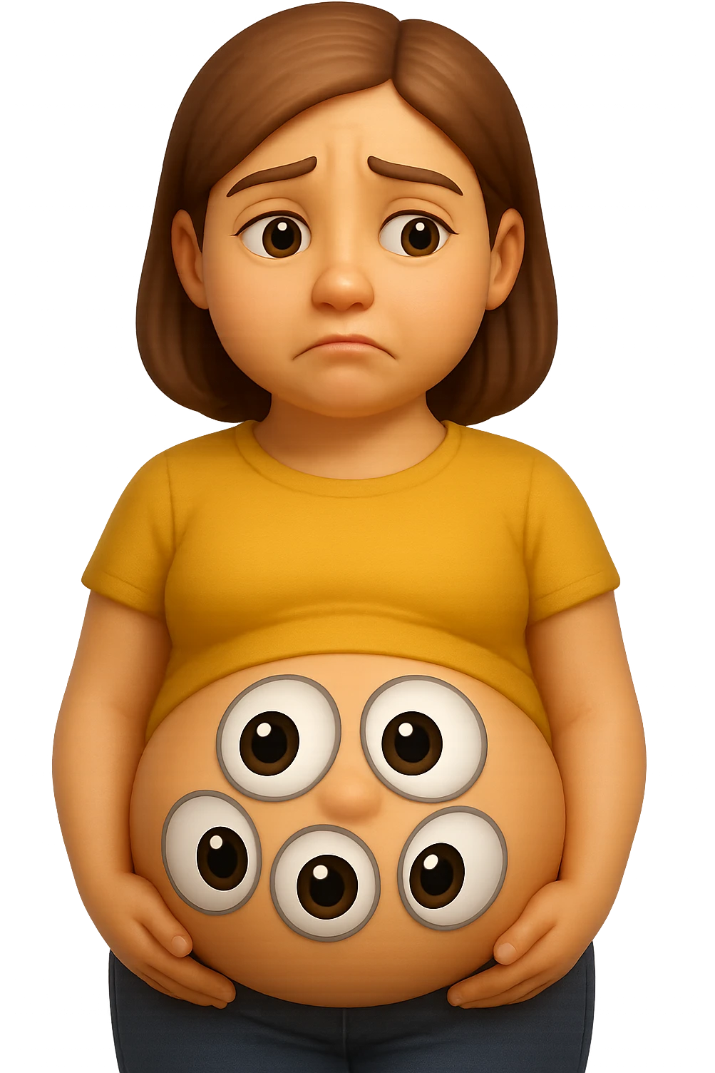 emoji stile iphone di una donna con pancia gonfia piena di cacche con gli occhi, iperrealistico 4k emoji