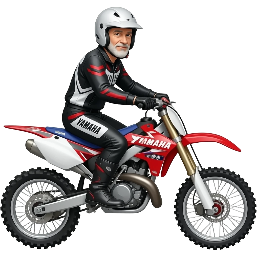 offroad Yamaha 690cc red black & white with older man in helmet riding emoji