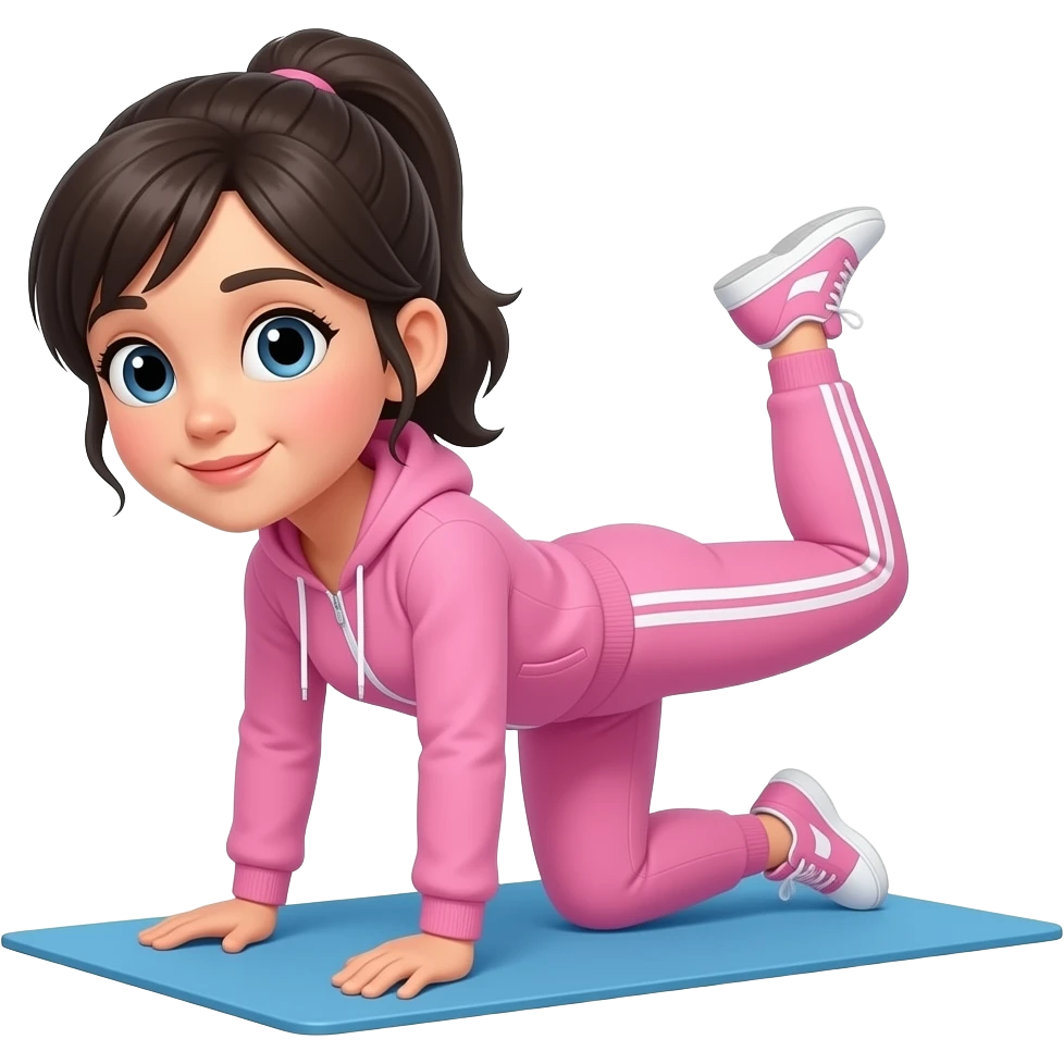 девушка с темными волосами в розовом спортивном костюме занимается спортом на коврике emoji
