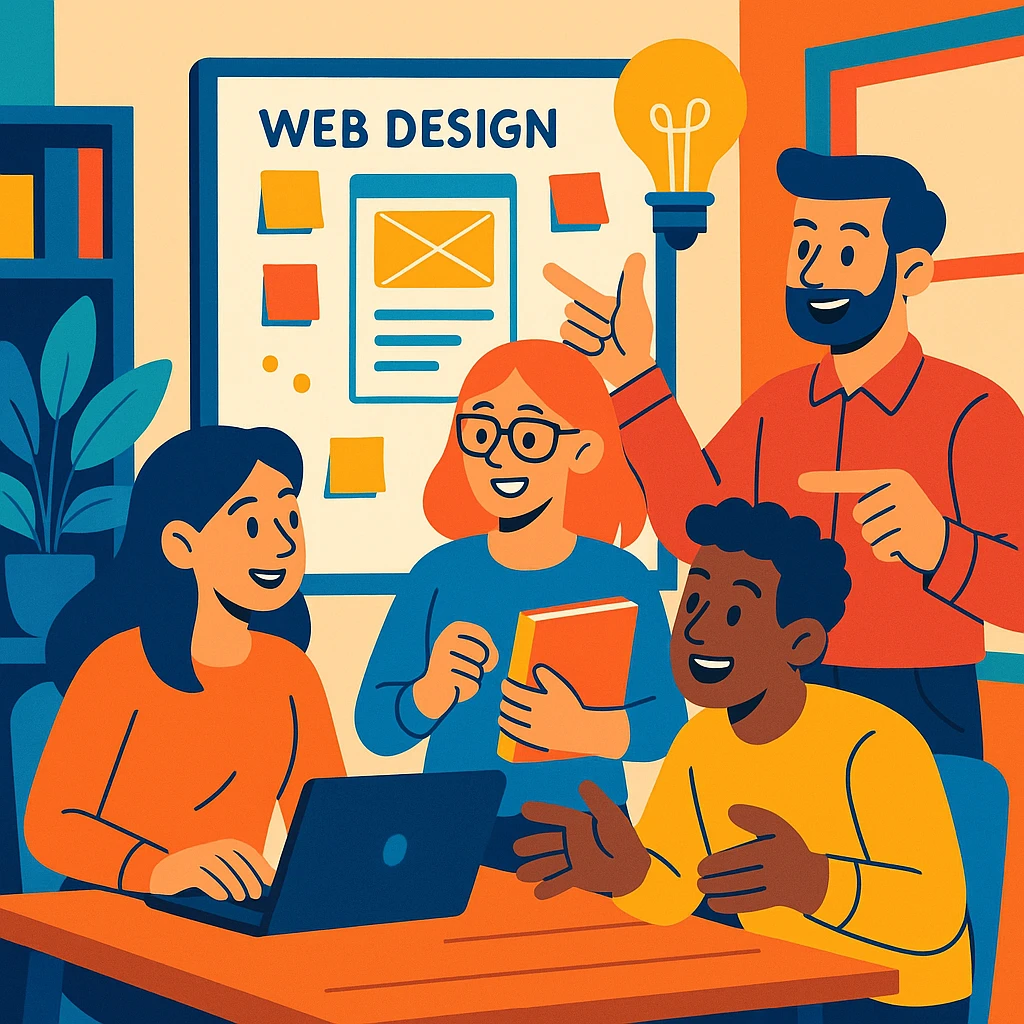 creative team brainstorming web design ideas in an office, vibrant toon style emoji