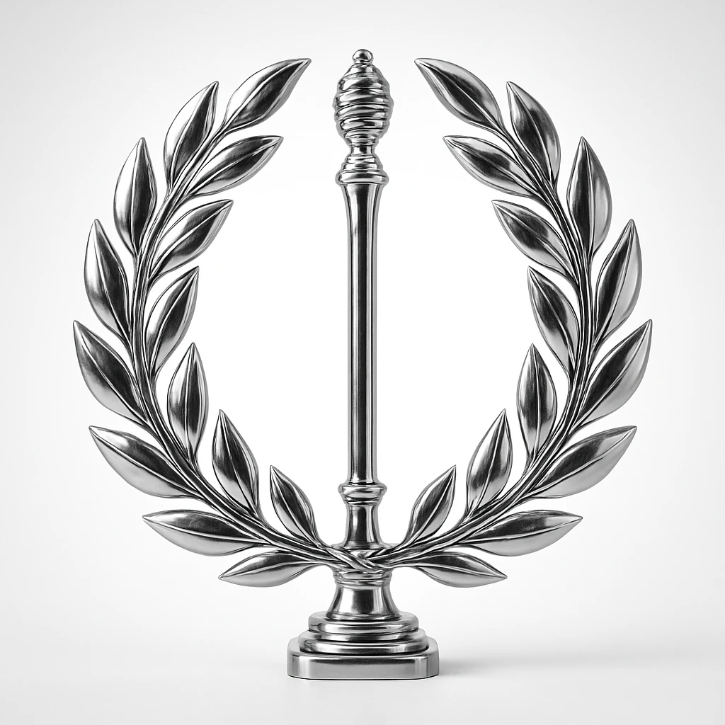 a chrome laurel wreath encircling a staff, symbolizing honor and achievement for the staff team emoji