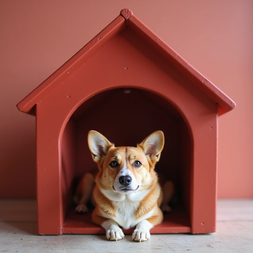 realistic red dog house with a Corgi dog inside, Corgi peeking out, photorealistic style emoji