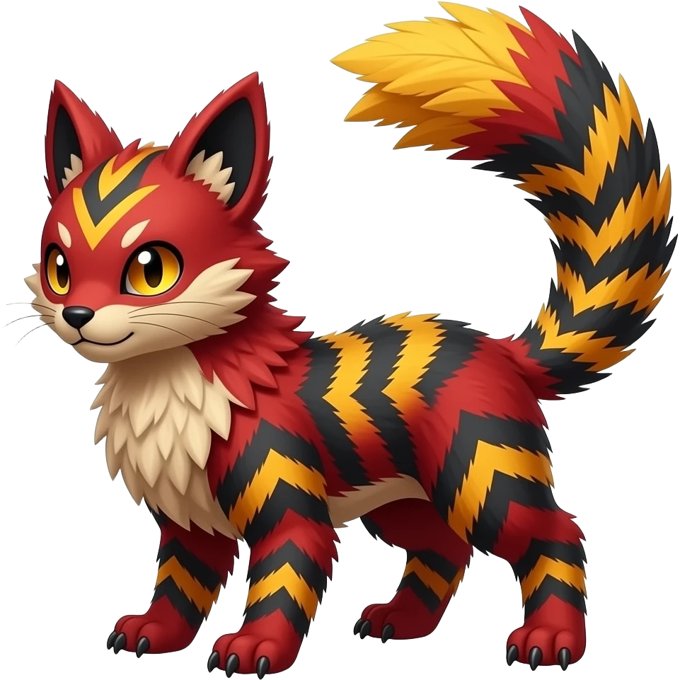 Futuristic sanguine-red banana-yellow black chevron-marked furry fluffy floofy feathery tribal marked Genet-Absol-Kyurem-Zeraora-Primagen-fusion-creature emoji