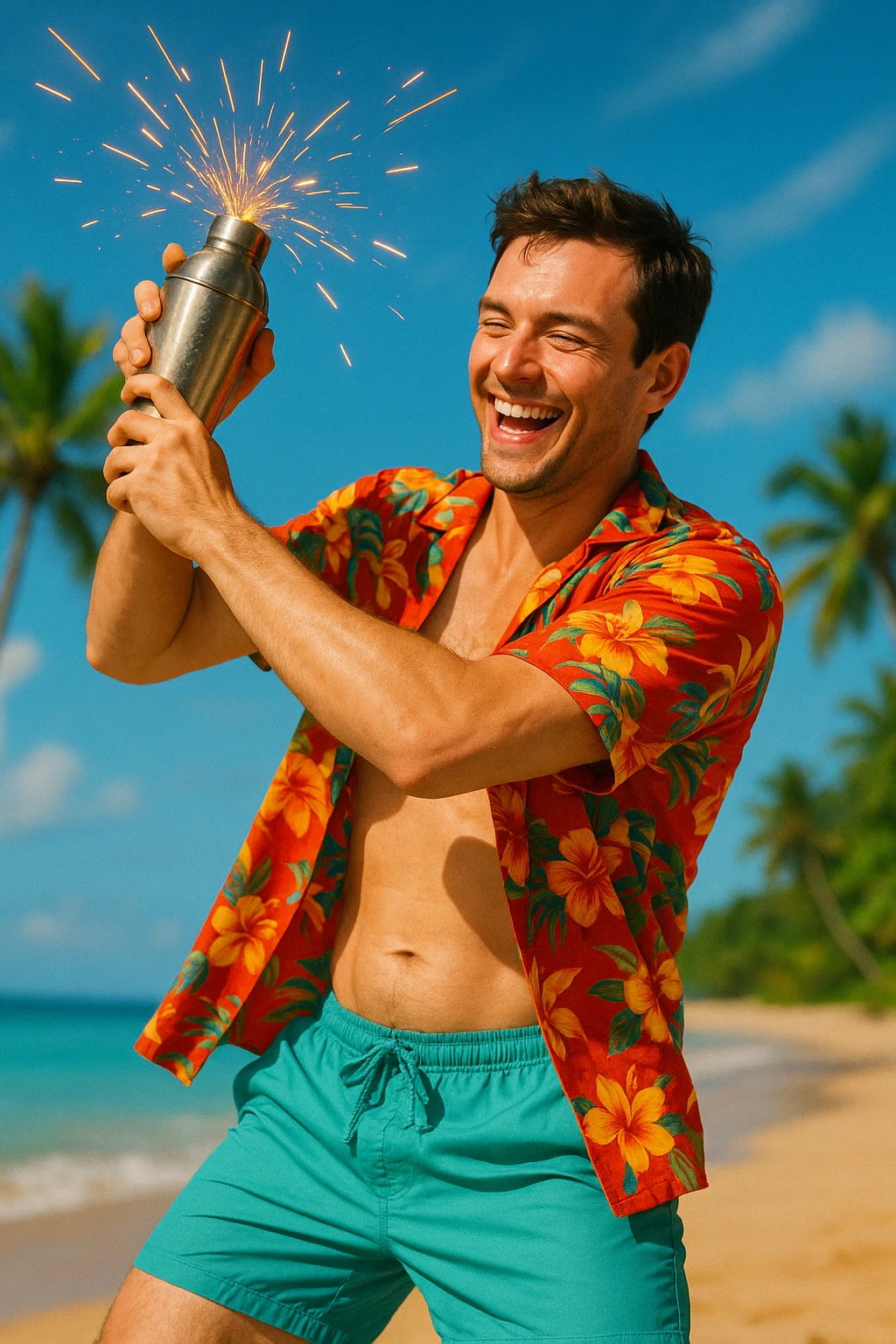 human male Unbuttoned Hawaiian shirt, swim trunks, shaking a cocktail shaker (sparks flying) emoji