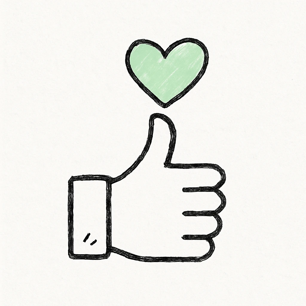 minimalist green thumbs up combined with heart symbol, hand drawn black outline style, white clean background, conveying calm and security emoji