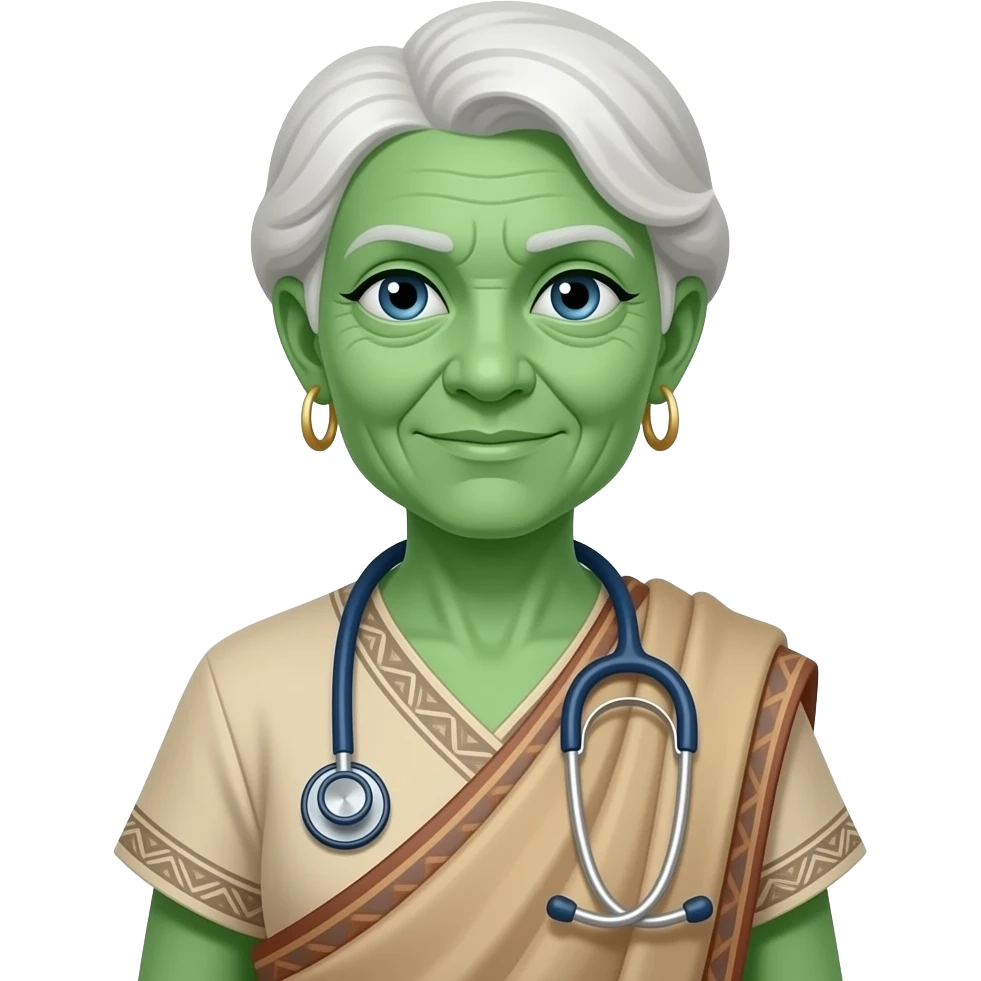 a Avatar green skin old women medical wearing ancient cloth with half body, icon emoji