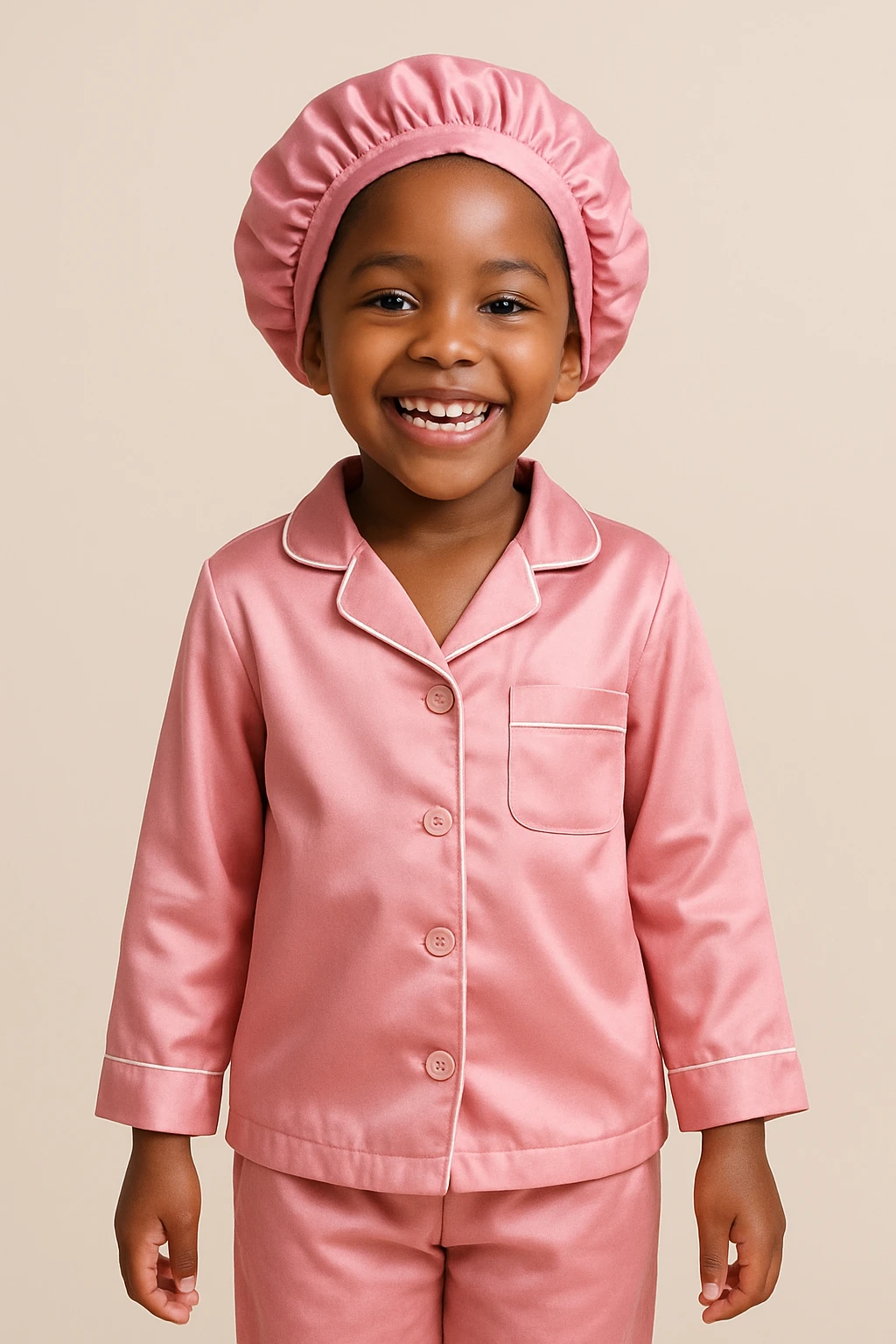 cheerful black girl in pink pajamas and a pink satin sleep cap, standing, simple background emoji
