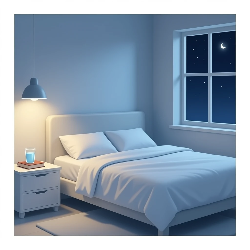 A dimly lit white bedroom. The bed is neatly made, and a glass of water sits beside a book on a cozy emoji
