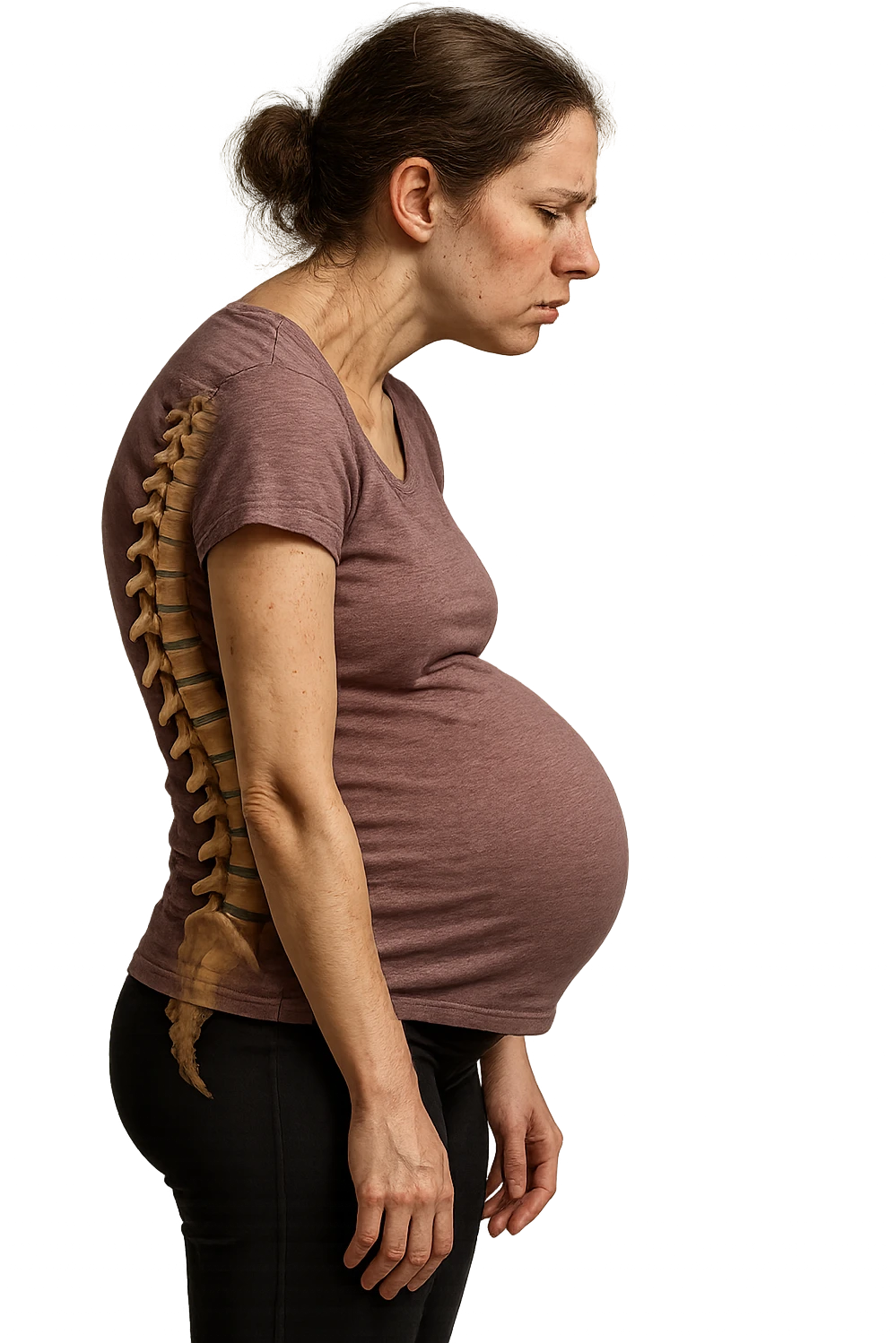 donna in gravidanza di profilo con spina dorsale in evidenza, postura storta, spalle chiuse in avanti, iperrealistica 4k emoji