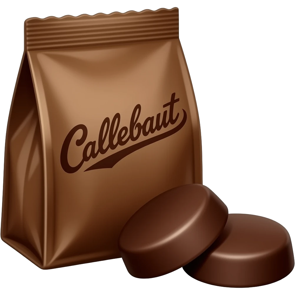 A brown bag of chocolate with the word "callebaut" written on it. Three chocolate circles are lying in the foreground. emoji