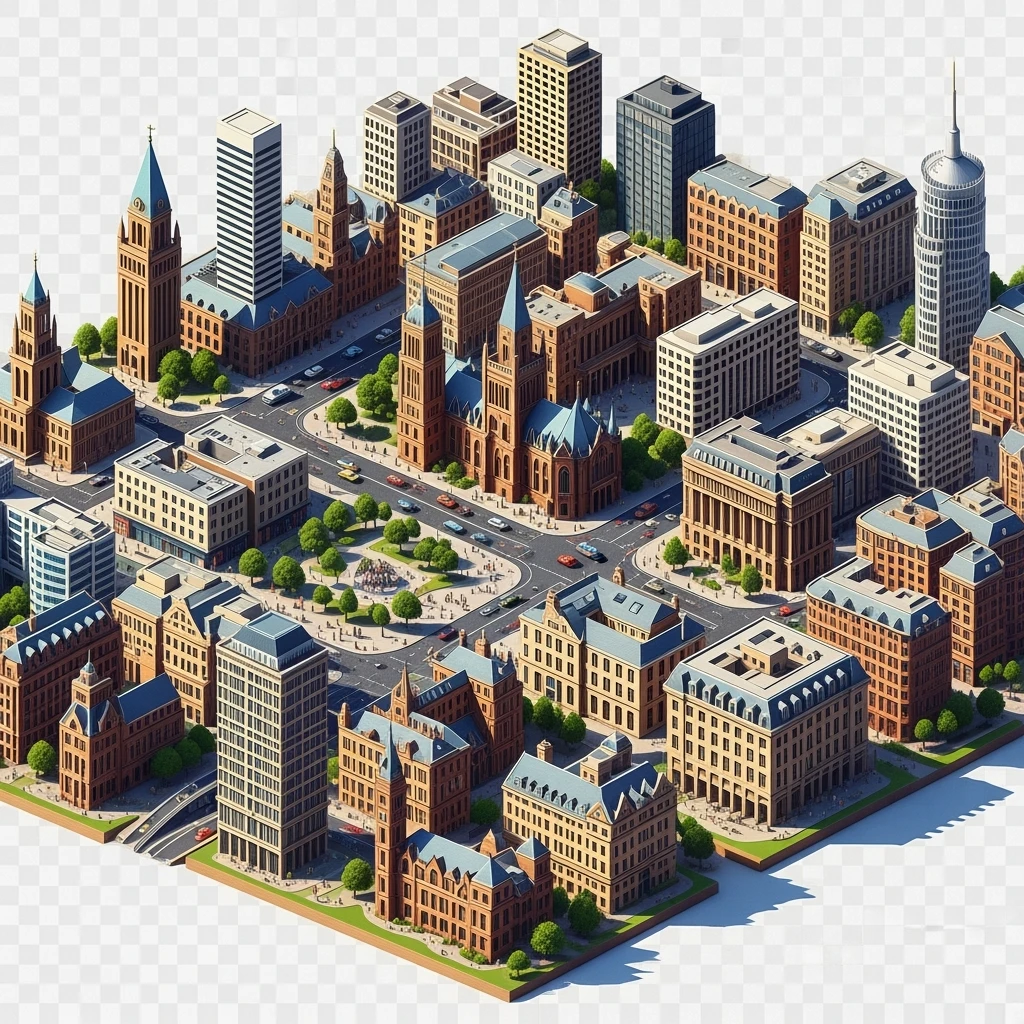 Isometric illustration of Birmingham highly detailed in semi-realistic, 3D miniature effect, transparent background. emoji