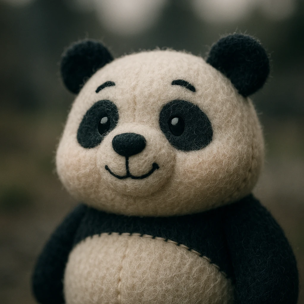 plush portrait of a cheerful panda with round cheeks, black and white fur, and a playful look emoji