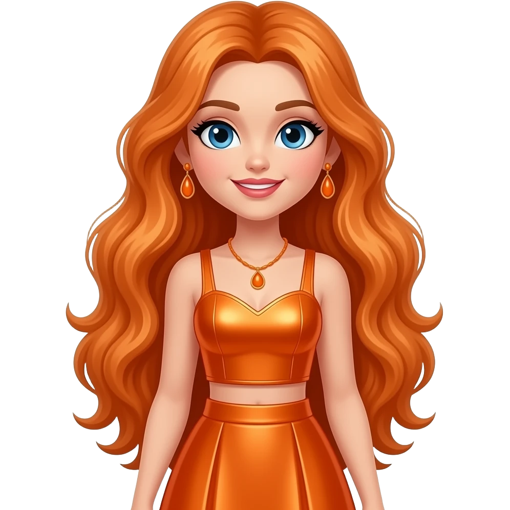 Poppy Rowan from Rainbow High with blue eyes, long orange wavy hair, orange metallic sweetheart crop top and long skirt, orange necklace and earrings emoji